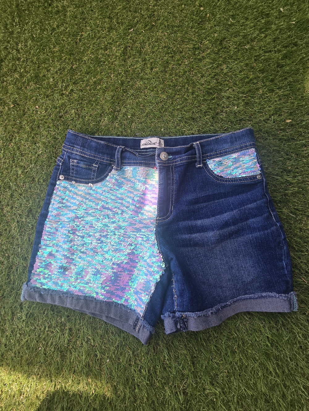 Jordache Blue Denim Shorts with Iridescent Aqua-Pink Sequin Panels